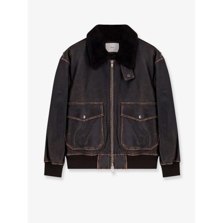 Leather jacket with shearling collar