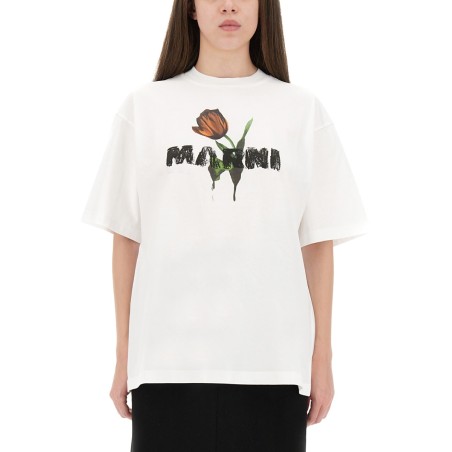 WHITE COTTON T-SHIRT WITH TULIP PRINT