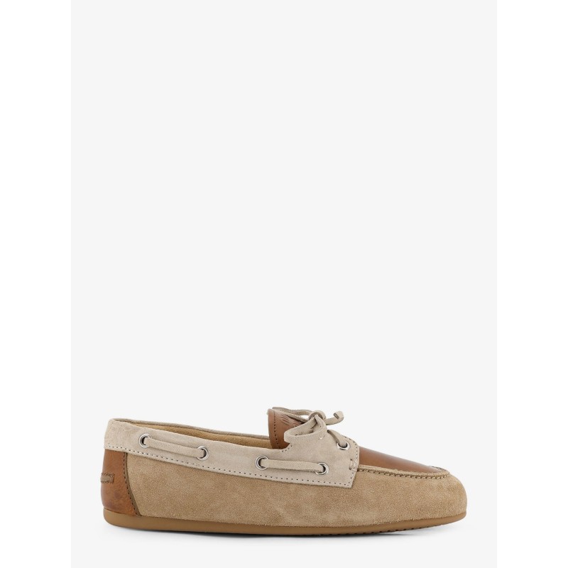 Suede loafer with leather inserts
