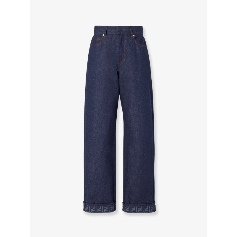 Blue denim jeans with FF detail on the bottom