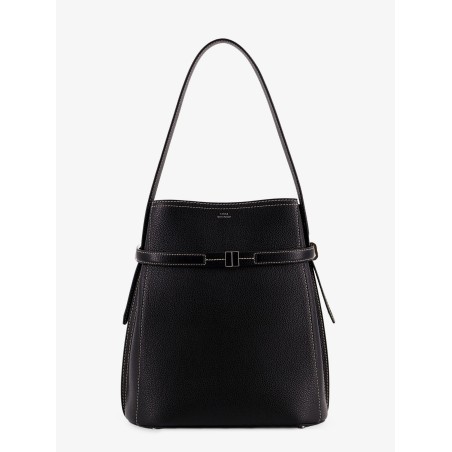 Hammered leather bucket bag with strap on the front