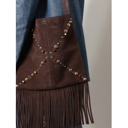 Suede shoulder bag with fringes and metal details