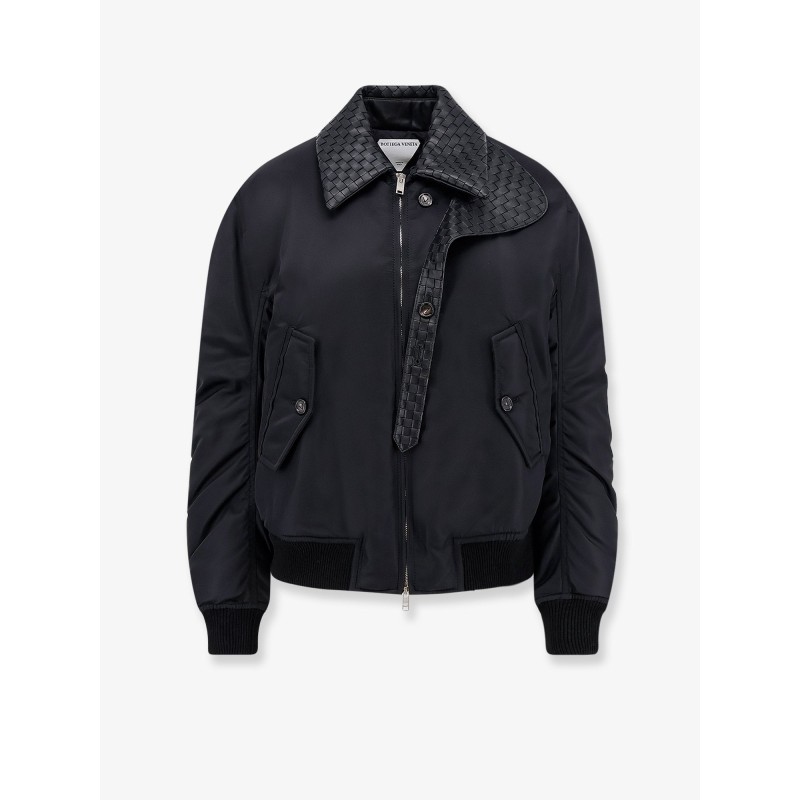 Nylon jacket with Intrecciato leather collar