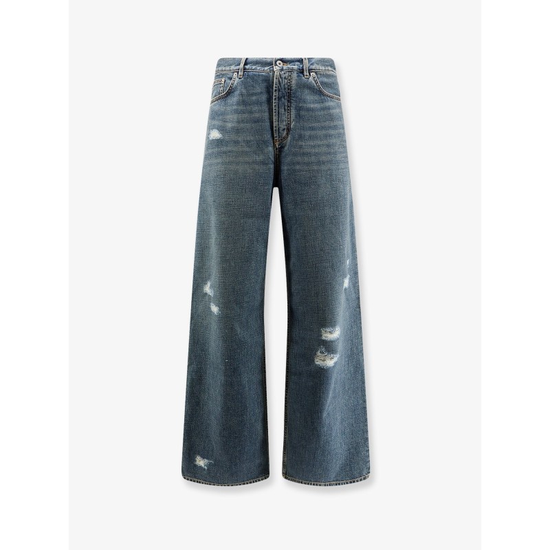 Destroyed-effect blue denim jeans