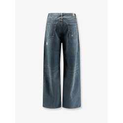 Destroyed-effect blue denim jeans