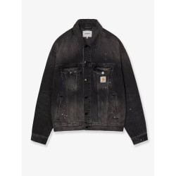 Black denim jacket with a distressed effect