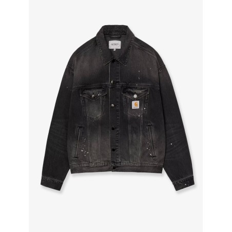 Black denim jacket with a distressed effect