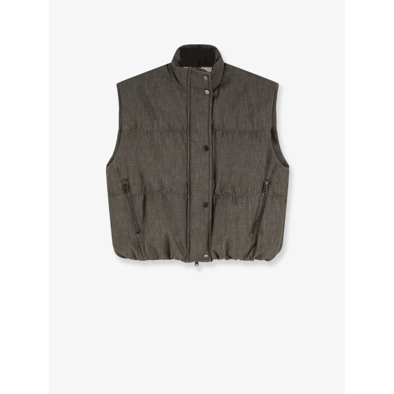 Sleeveless effect twill-denim down jacket