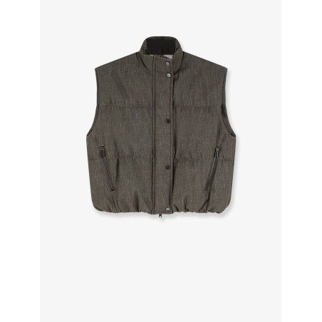 Sleeveless effect twill-denim down jacket