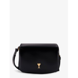 Leather shoulder bag with metal logo on the front