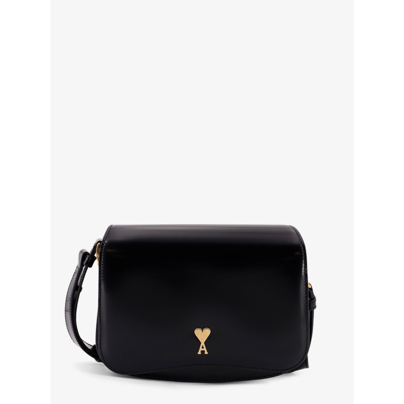 Leather shoulder bag with metal logo on the front