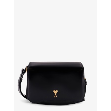 Leather shoulder bag with metal logo on the front