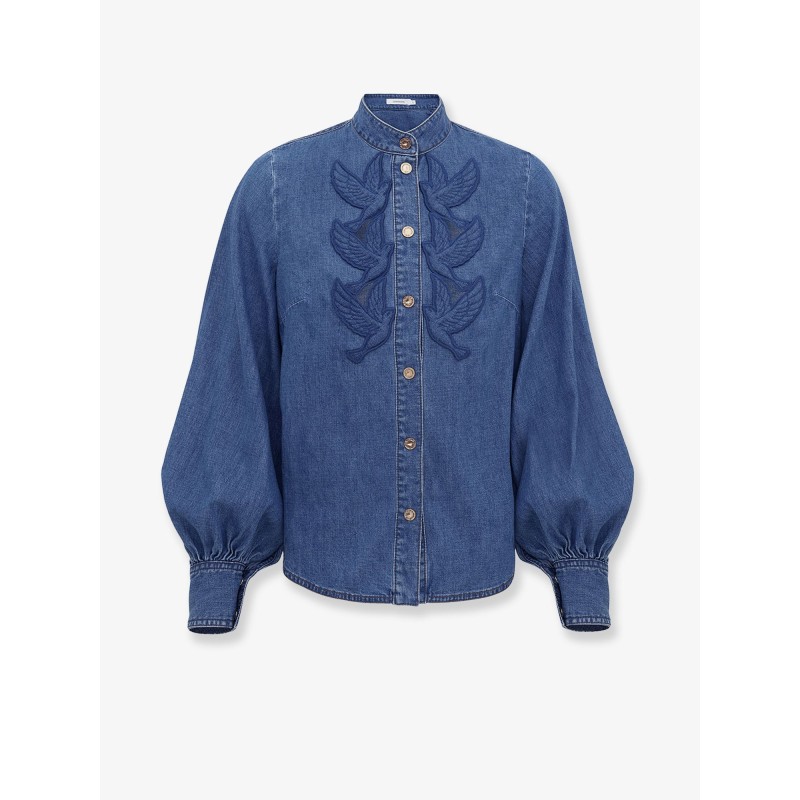 Denim shirt with cut-out embroidery