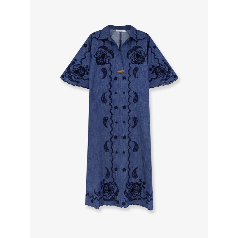 Aster long denim dress with contrasting embroidery