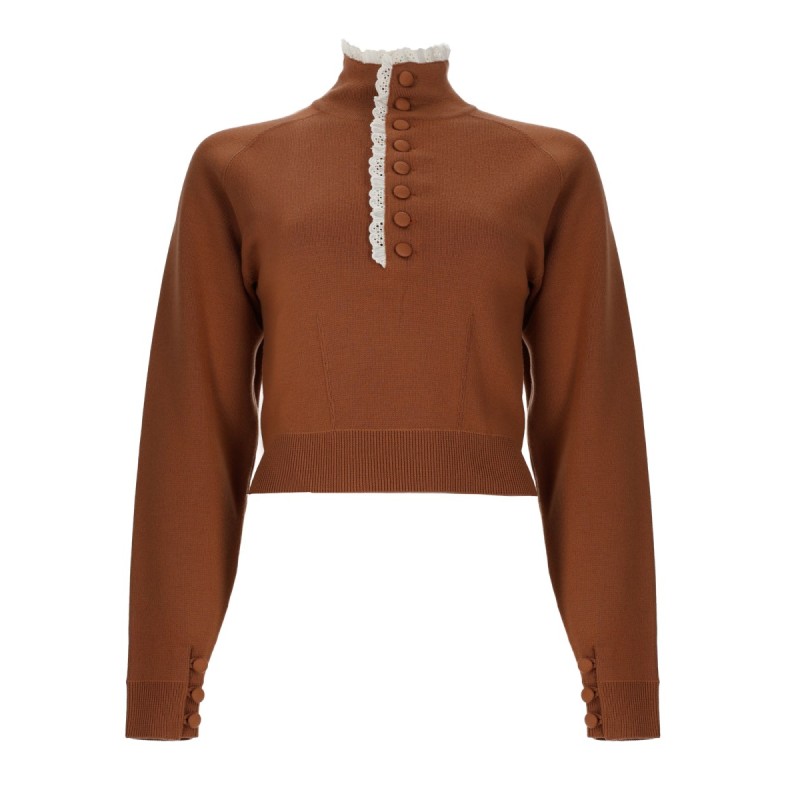 PULLOVER A COLLO ALTO IN MAGLIA DI LANA E PIZZO