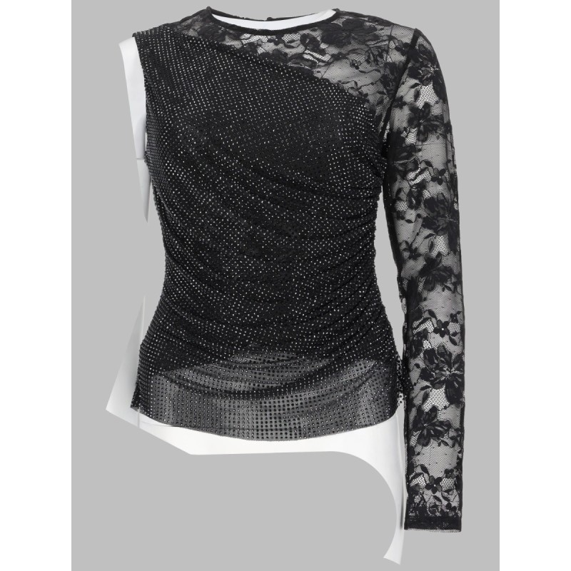 TOP MONOSPALLA CON STRASS E PIZZO
