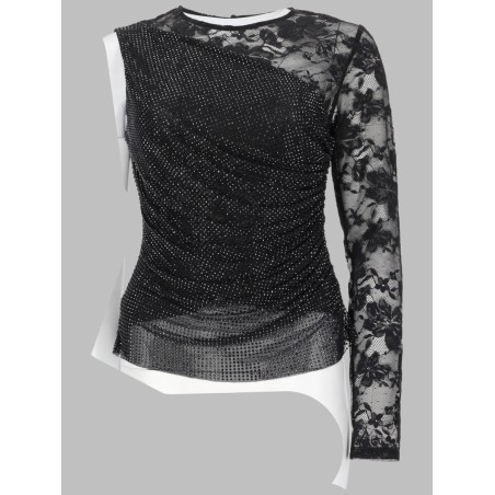 TOP MONOSPALLA CON STRASS E PIZZO