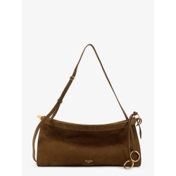 East West leather shoulder bag with engraved logo lettering