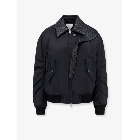 Nylon jacket with Intrecciato leather collar
