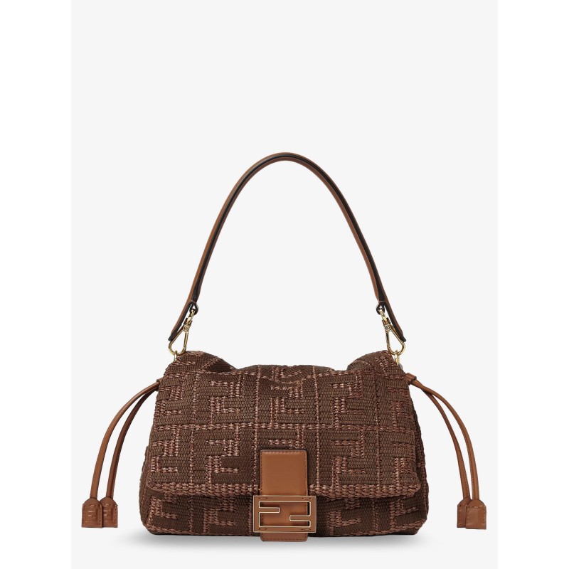 Mamma Baguette Medium Raffia Handbag with FF Embroidery