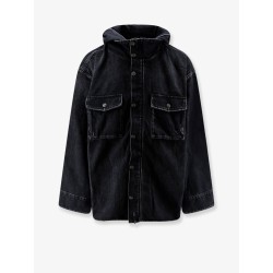 Black denim jacket with embroidered logo on the front