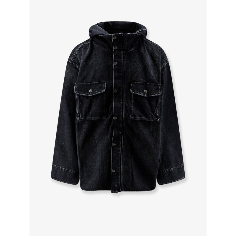 Black denim jacket with embroidered logo on the front