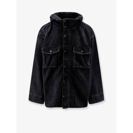 Black denim jacket with embroidered logo on the front