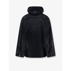 Black denim jacket with embroidered logo on the front