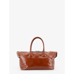 Shiny leather handbag with front lettering logo