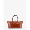 Shiny leather handbag with front lettering logo