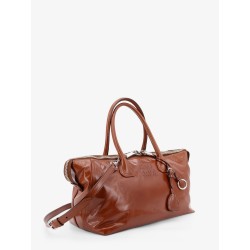 Shiny leather handbag with front lettering logo