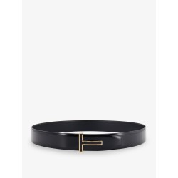 Leather belt with metal logo buckle
