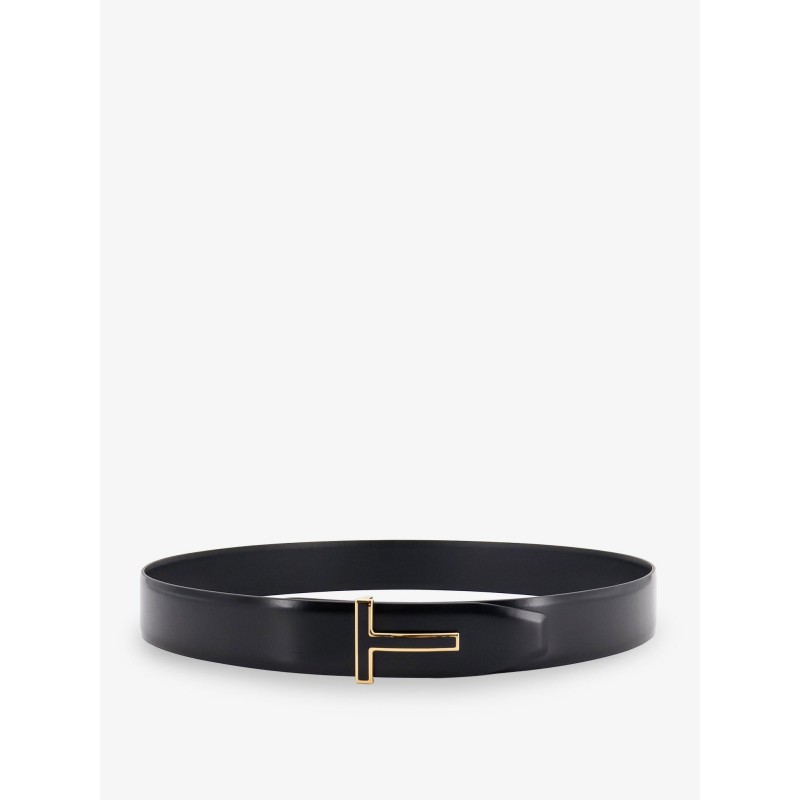 Leather belt with metal logo buckle