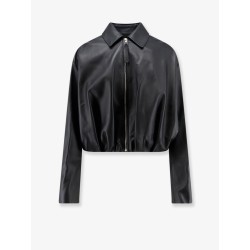Cropped leather jacket with back logo patch