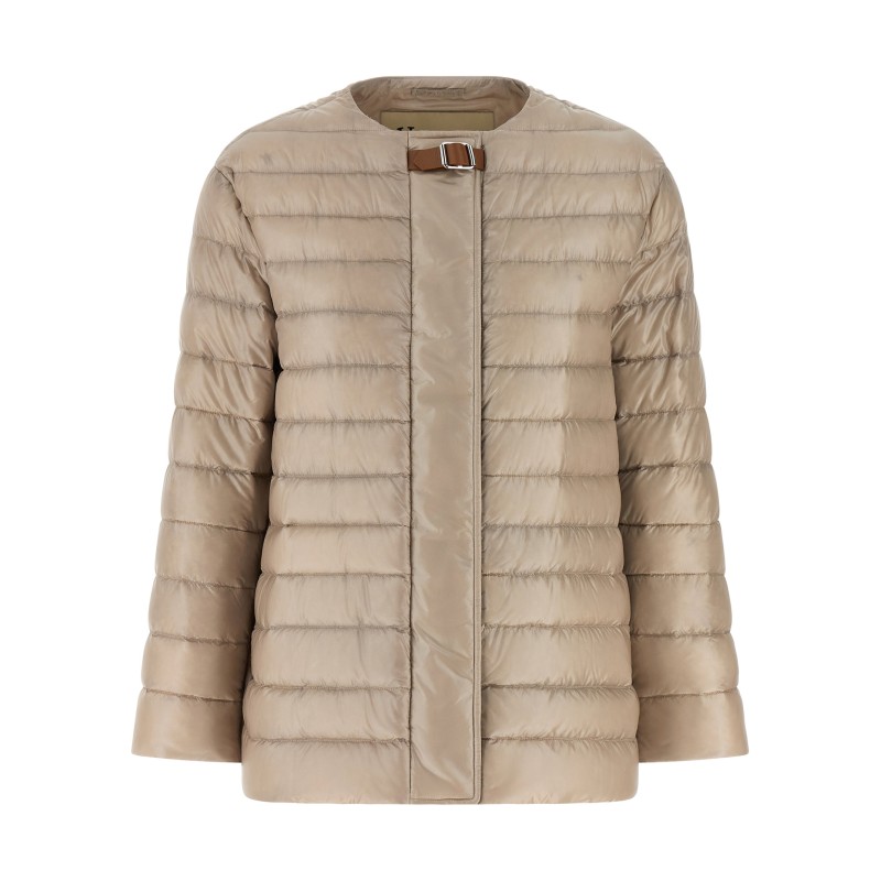Leather strap down jacket