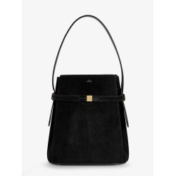 Belted suede bucket bag