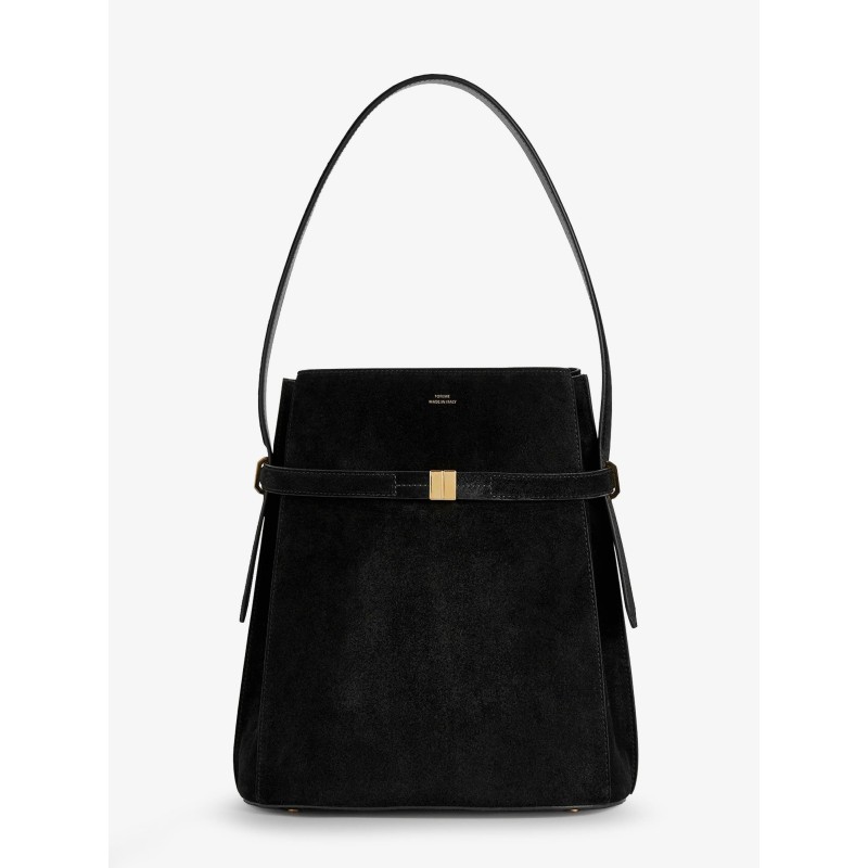 Belted suede bucket bag
