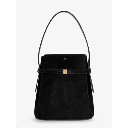 Belted suede bucket bag