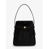 Belted suede bucket bag