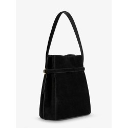 Belted suede bucket bag