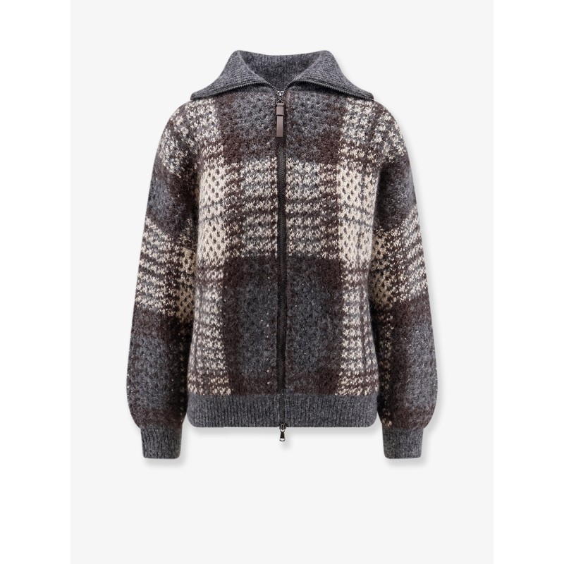 Cardigan with intarsia and micro-sequin embroidery