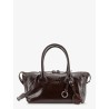 Leather handbag with embossed lettering logo