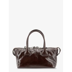 Leather handbag with embossed lettering logo