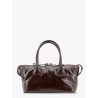 Leather handbag with embossed lettering logo
