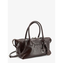 Leather handbag with embossed lettering logo