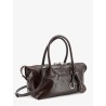 Leather handbag with embossed lettering logo
