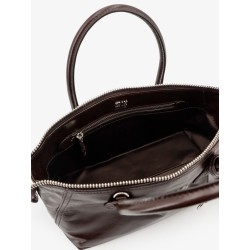 Leather handbag with embossed lettering logo