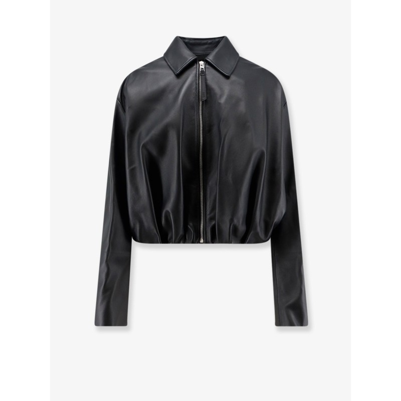 Cropped leather jacket with back logo patch