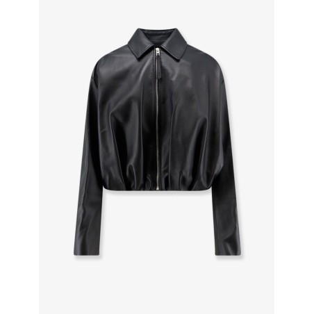 Cropped leather jacket with back logo patch