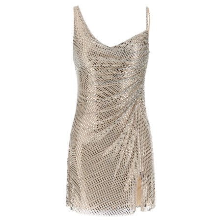 'Champagne Rhinestone Draped Mini' dress